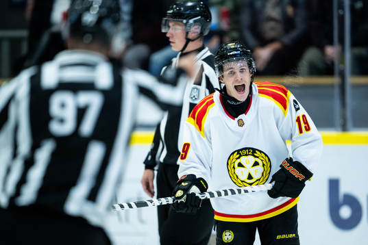 Brynäs Tyler Kelleher reagerar mot linjedomare Filip