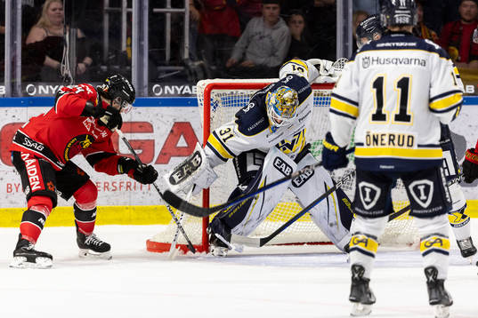 Luleås Brendan Shinnimin och HV71s målvakt Joni Ortio