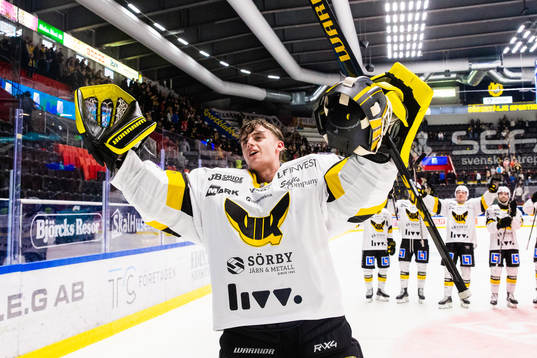Västerås målvakt Ian Blomquist jublar