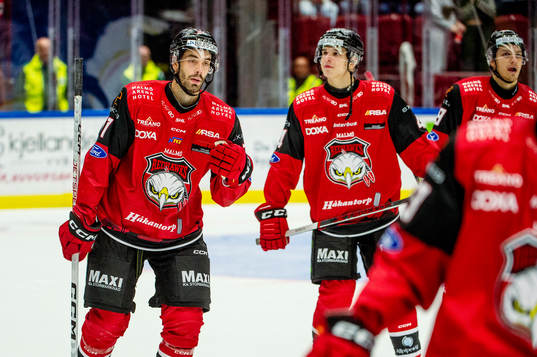 Malmö Redhawks Markus Lauridsen deppar med lagkamraterna