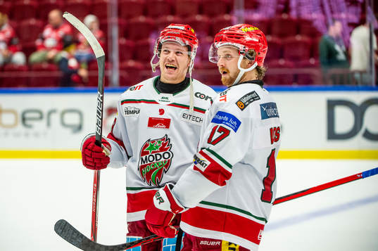 MoDos Mikkel Aagaard och Riley Woods jublar