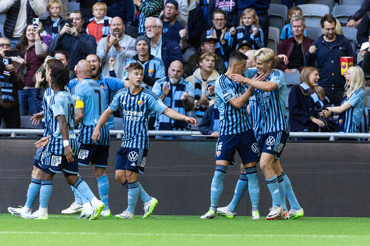 Djurgårdens Haris Radetinac jublar med Lucas Bergvall
