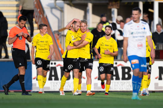 Mjällbys Adam Petersson och Mjällbys Max Fenger jublar