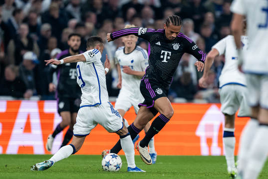 Diogo Goncalves of Copenhagen and Leroy Sané of Bayern