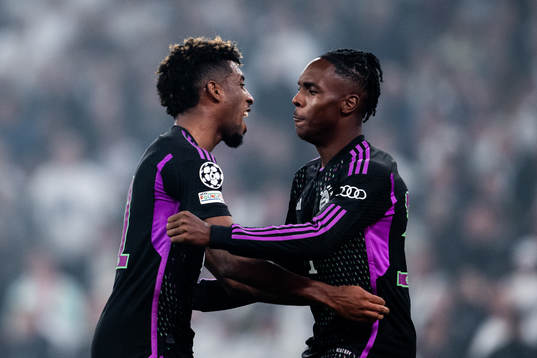 Kingsley Coman and Mathys Tel of Bayern Munich celebrate