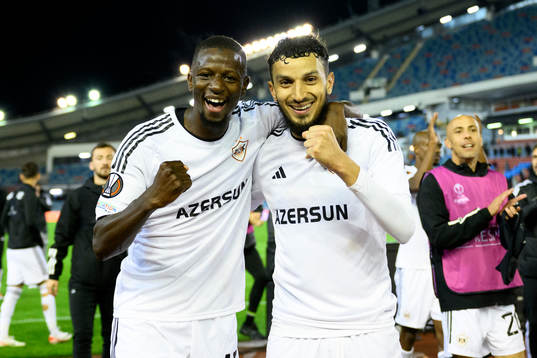 Hamidou Keyta and Abdellah Zoubir  of Qarabag celebrating