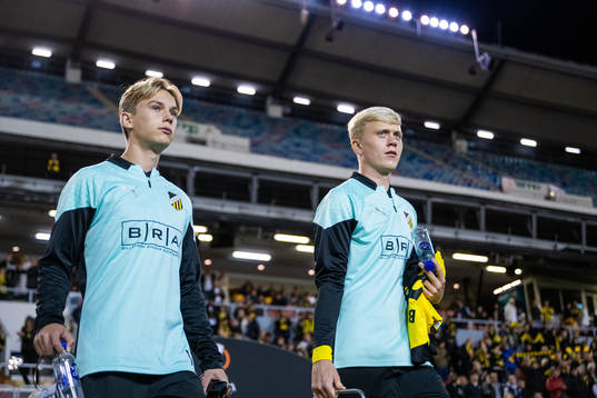 Pontus Dahbo and Isak Brusberg of Häcken enter the pitch