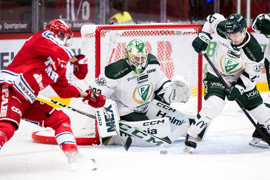 Färjestads målvakt Maxime Lagacé och Timrås Emil