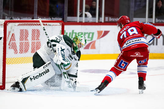Färjestads målvakt Maxime Lagacé och Timrås Robin Hanzl