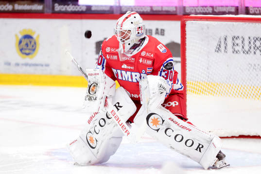 Timrås målvakt Jacob Johansson innan ishockeymatchen i
