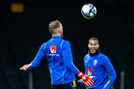 Goalkeeper Viktor Johansson and Jens Cajuste of the Swedish