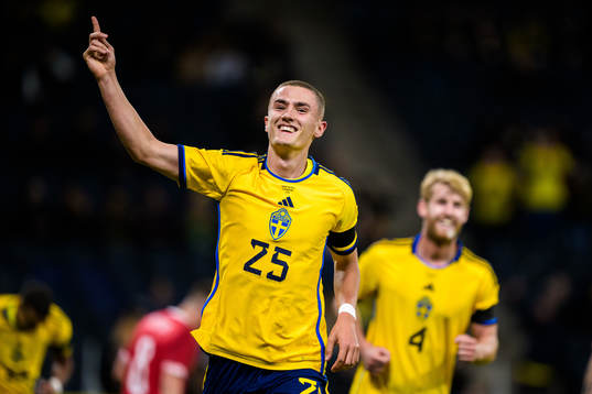 Gustaf Lagerbielke of Sweden celebrating 2-0