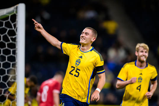 Gustaf Lagerbielke of Sweden celebrating 2-0