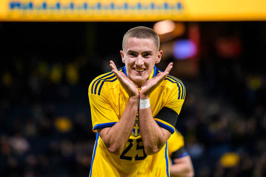 Gustaf Lagerbielke of Sweden celebrating 2-0