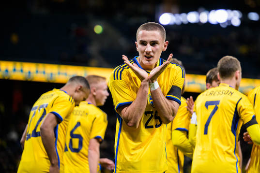 Gustaf Lagerbielke of Sweden celebrating 2-0
