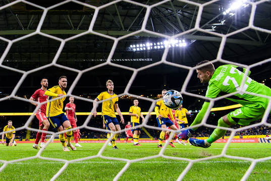Goalkeeper Kristoffer Nordfeldt of Sweden lets in the 2-1