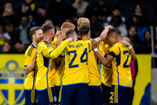 Gustaf Lagerbielke of Sweden celebrating 2-0