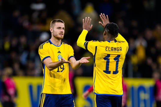Mattias Svanberg and Anthony Elanga of Sweden celebrates