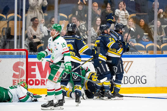 HV71s Radan Lenc jublar med målskytten till 2-0 Fredrik