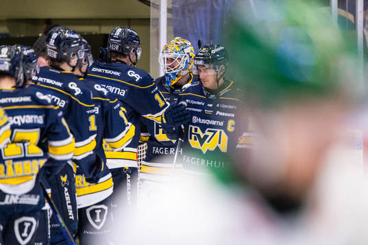 HV71s målvakt Joni Ortio och André Petersson jublar med