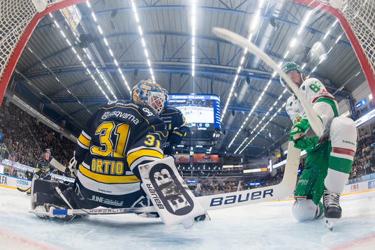 HV71s målvakt Joni Ortio och Rögles Riley Sheen
