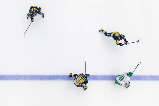 HV71s Tommi Tikka och Olle Strandell försvarar mot Rögles