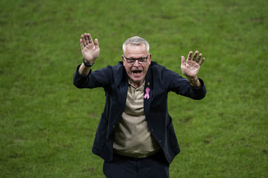 Head coach Janne Andersson of Sweden celebrates