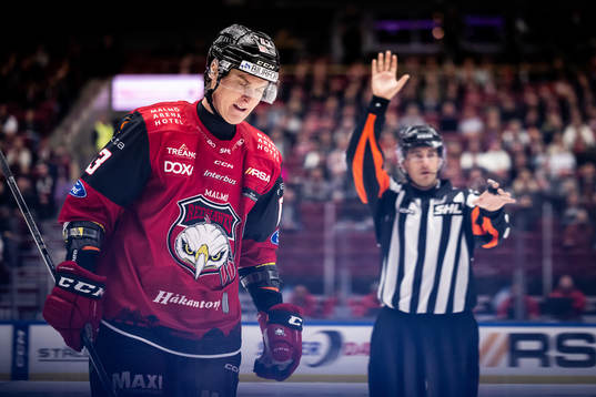 Malmö Redhawks Fredrik Händemark och Domare Johan