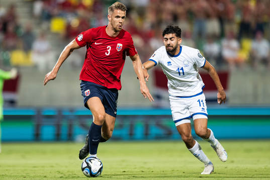 Kristoffer Ajer of Norway and Andronikos Kakoulli of Cyprus
