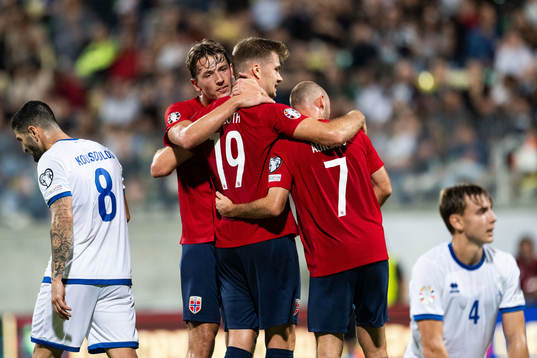 Alexander Sørloth of Norway celebrates with Sander Berge
