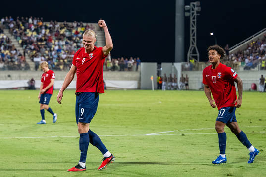 Erling Braut Haaland of Norway celebrates with teammate