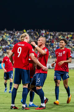 Erling Braut Haaland of Norway celebrates with teammates