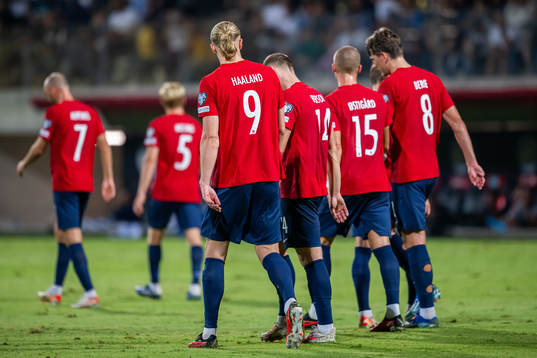 Erling Braut Haaland of Norway celebrates with teammates