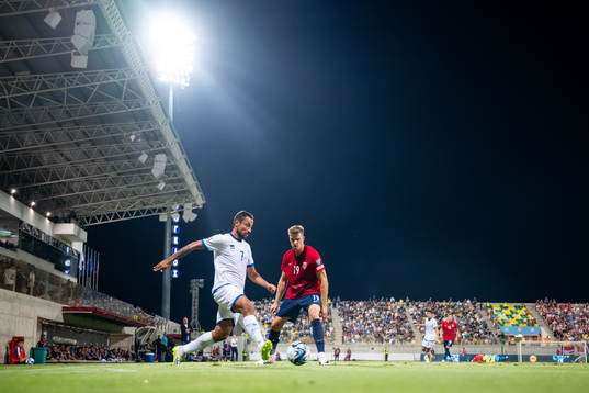 Anderson Correia of Cyprus and Alexander Sørloth of Norway