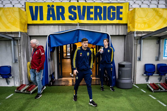 Armin Gigovic and goalkeeper David Celic of Sweden