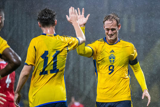 Williot Swedberg of Sweden celebrates Oscar Wilhelmsson