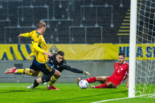 Oscar Wilhelmsson of Sweden scores 1-0 behind goalkeeper