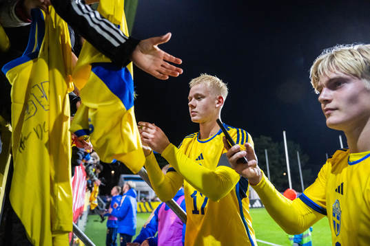 Otto Rosengren and Lucas Bergvall of Sweden write autographs