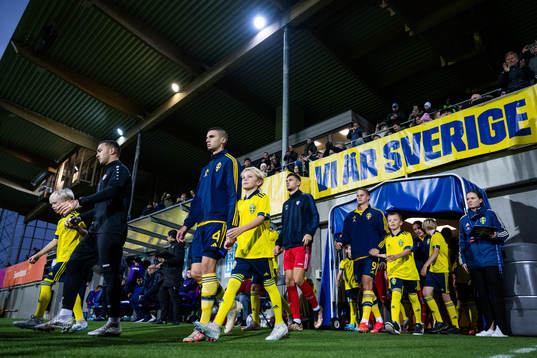Noah Eile and Oscar Wilhelmsson of Sweden enter the pitch