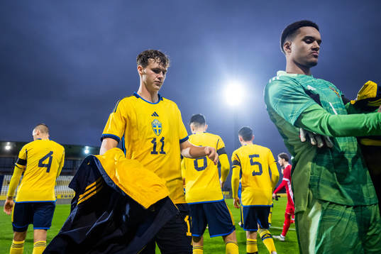 Williot Swedberg and goalkeeper Oliver Dovin of Sweden