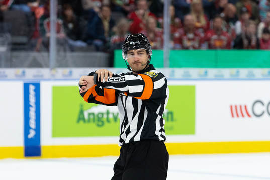 Domare Kristoffer Folkstrand gör tecken för holding