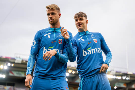 Kristoffer Ajer and Jørgen Strand Larsen of the Norwegian