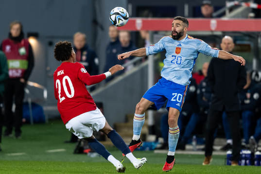 Antonio Nusa of Norway and Dani Carvajal of Spain