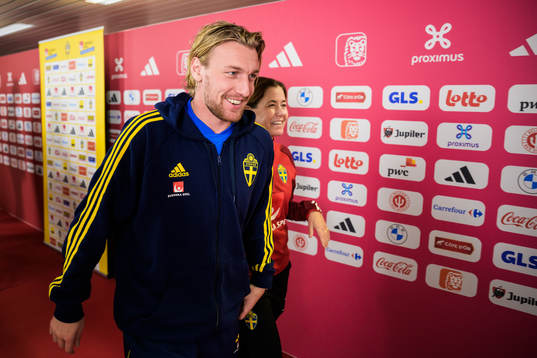 Emil Forsberg and media officer Petra Thorén of the