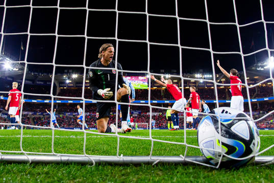 Goalkeeper Ørjan Håskjold Nyland of Norway reacts