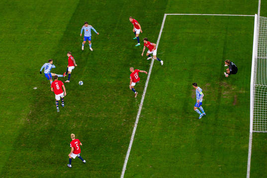 Gavi of Spain scores the 0-1 goal behind goalkeeper Ørjan