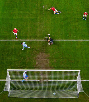 Álvaro Morata of Spain scores a disallowed goal behind
