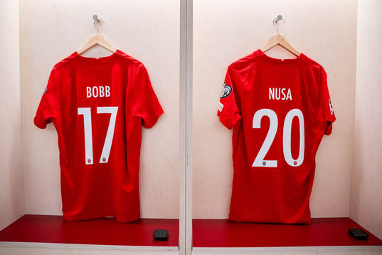The kits of Oscar Bobb and Antonio Nusa of Norway in the