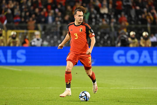 Arthur Theate of Belgium in action with the ball