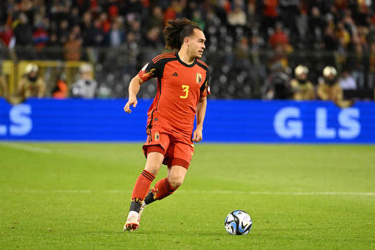 Arthur Theate of Belgium in action with the ball